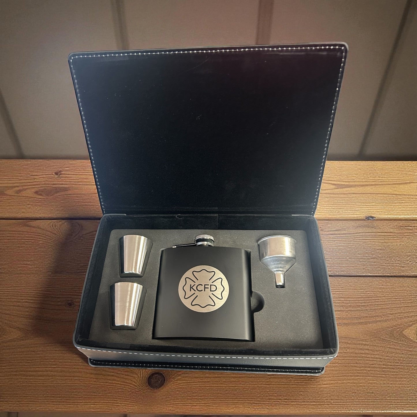 Custom KCFD Flask & Shot Glasses