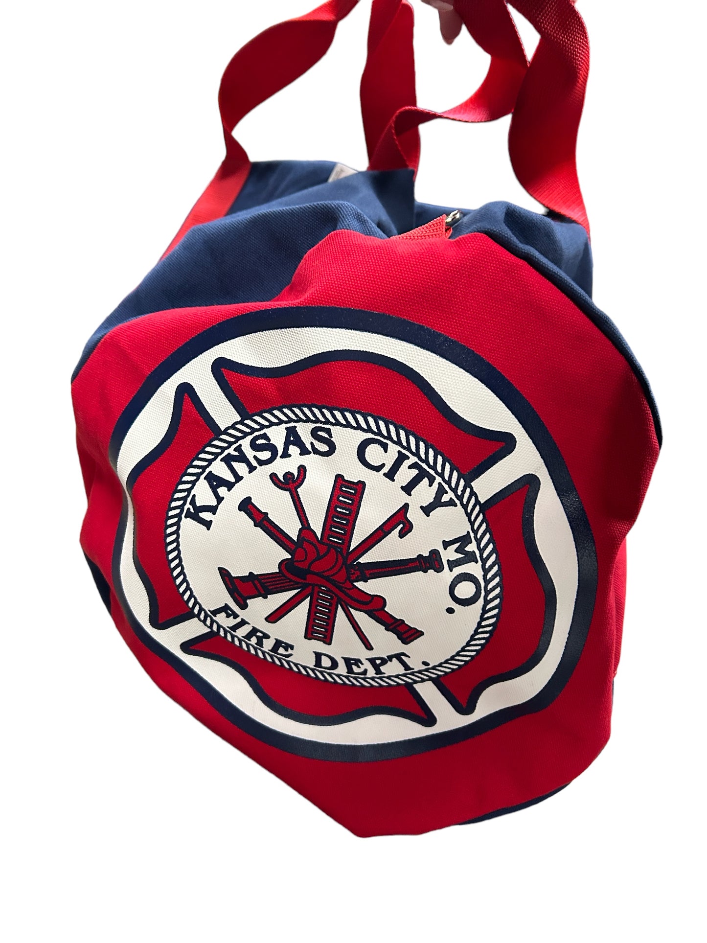 Red and navy duffel bag