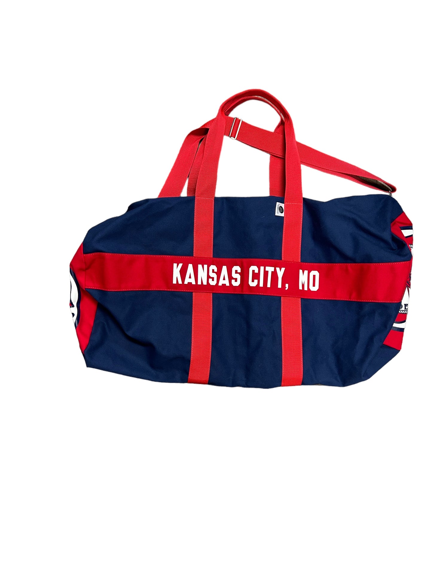 Red and navy duffel bag