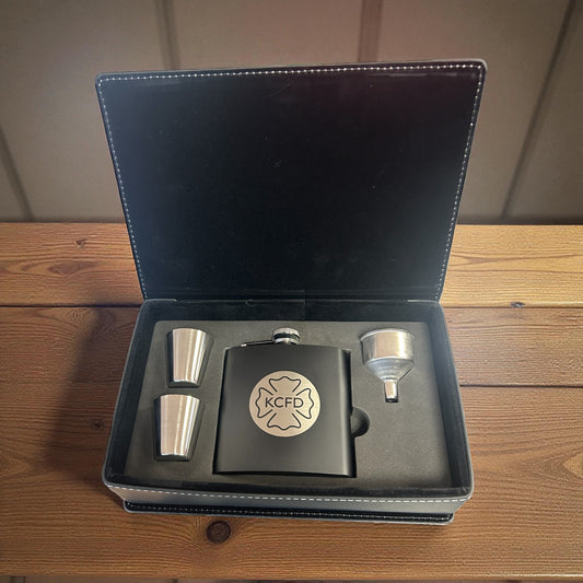 Custom KCFD Flask & Shot Glasses